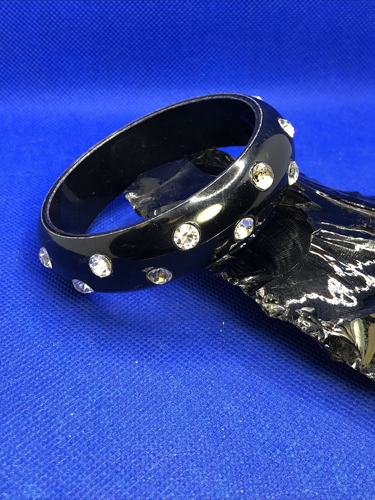1980's Runway Glam Black Lacquer Lucite Rhinestone 2 Bracelets & Earrings Lot
