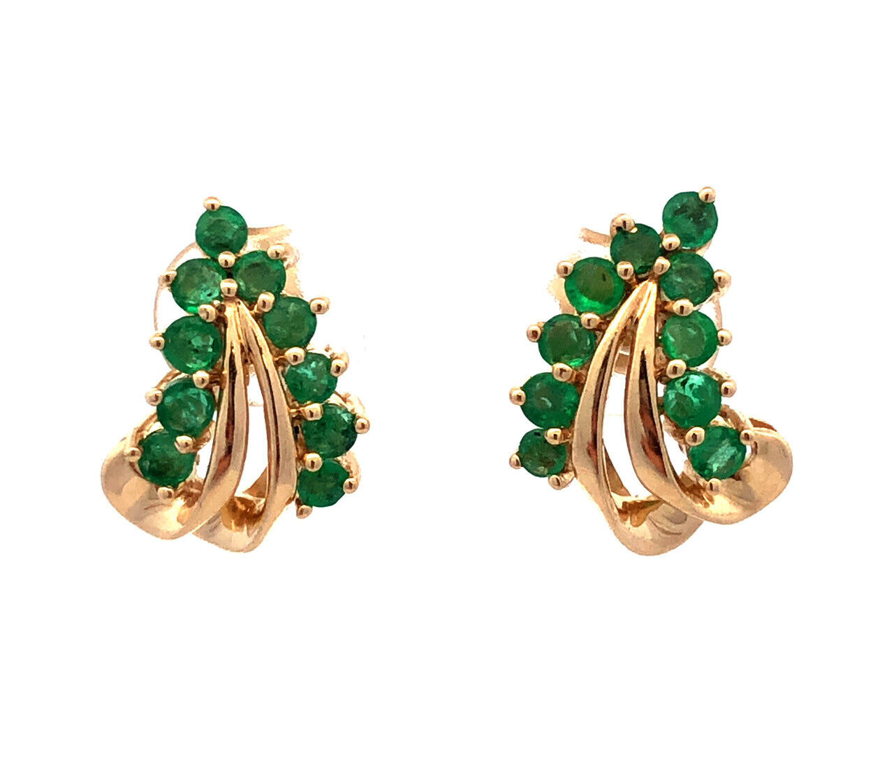 14K Yellow Gold Designer CET Round Green Emerald Leaf Statement Stud Earrings