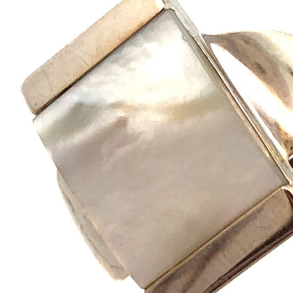 Vintage 925 Sterling Silver Rectangle Mother of Pearl Modernist Statement Ring