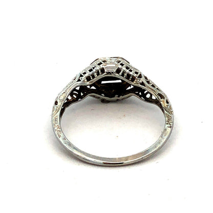 Vintage Art Deco 14K White Gold Round Diamond Filigree Square Engagement Ring