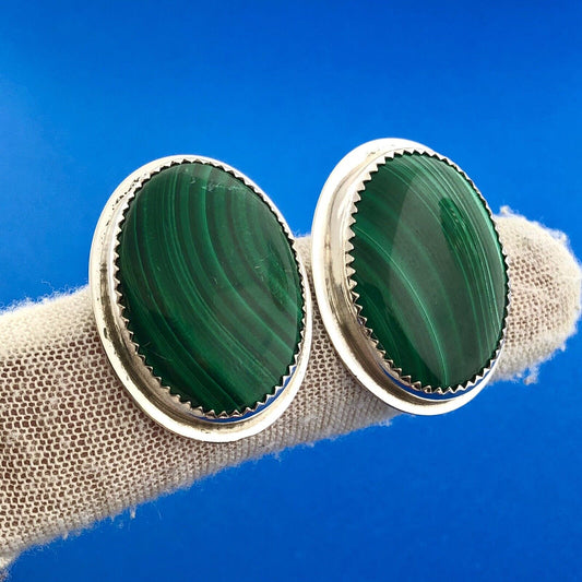 Native American Artisan Sterling Silver Oval Malachite Statement Stud Earrings