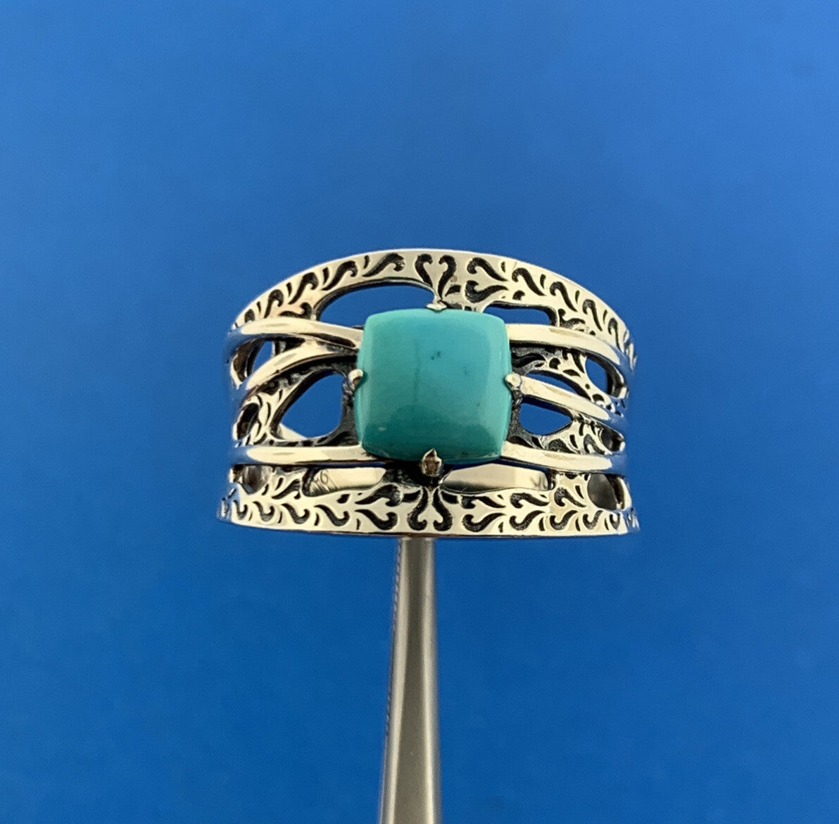Designer DK Sterling Silver 925 Cabochon Square Blue Turquoise Ring Size 10