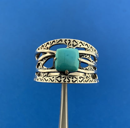 Designer DK Sterling Silver 925 Cabochon Square Blue Turquoise Ring Size 10