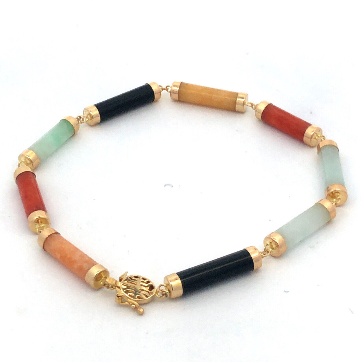 Estate 14K Yellow Gold Green White Yellow Red Jade Black Onyx Bar Link Bracelet