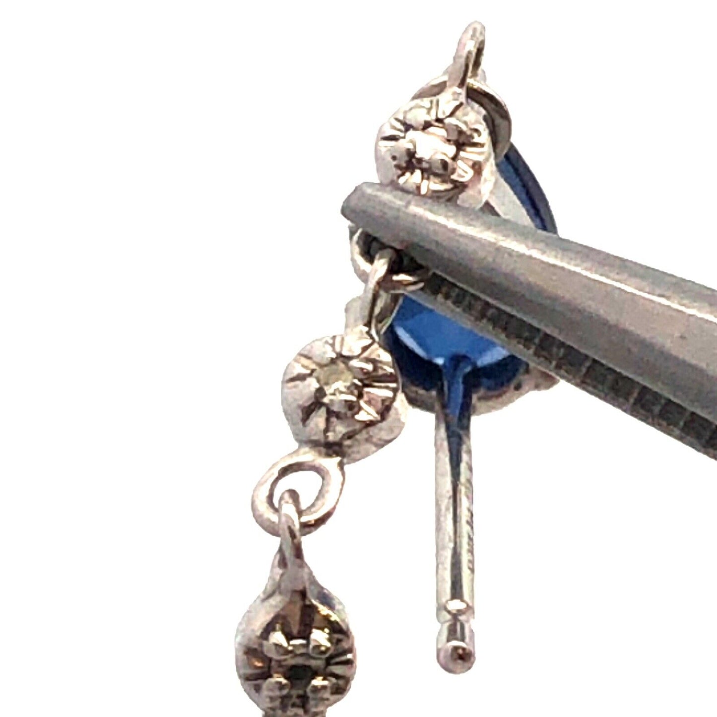 Designer 10K White Gold Pear Cut Blue Sapphire Diamond Drop Dangle Stud Earrings