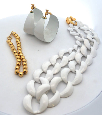 Vintage Napier Gold Tone White Enamel Four Piece Necklace Bracelet Earrings Lot