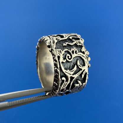 Israel Prodesso 925 Sterling Silver Leaf Vine Scroll Wide Cigar Band Ring