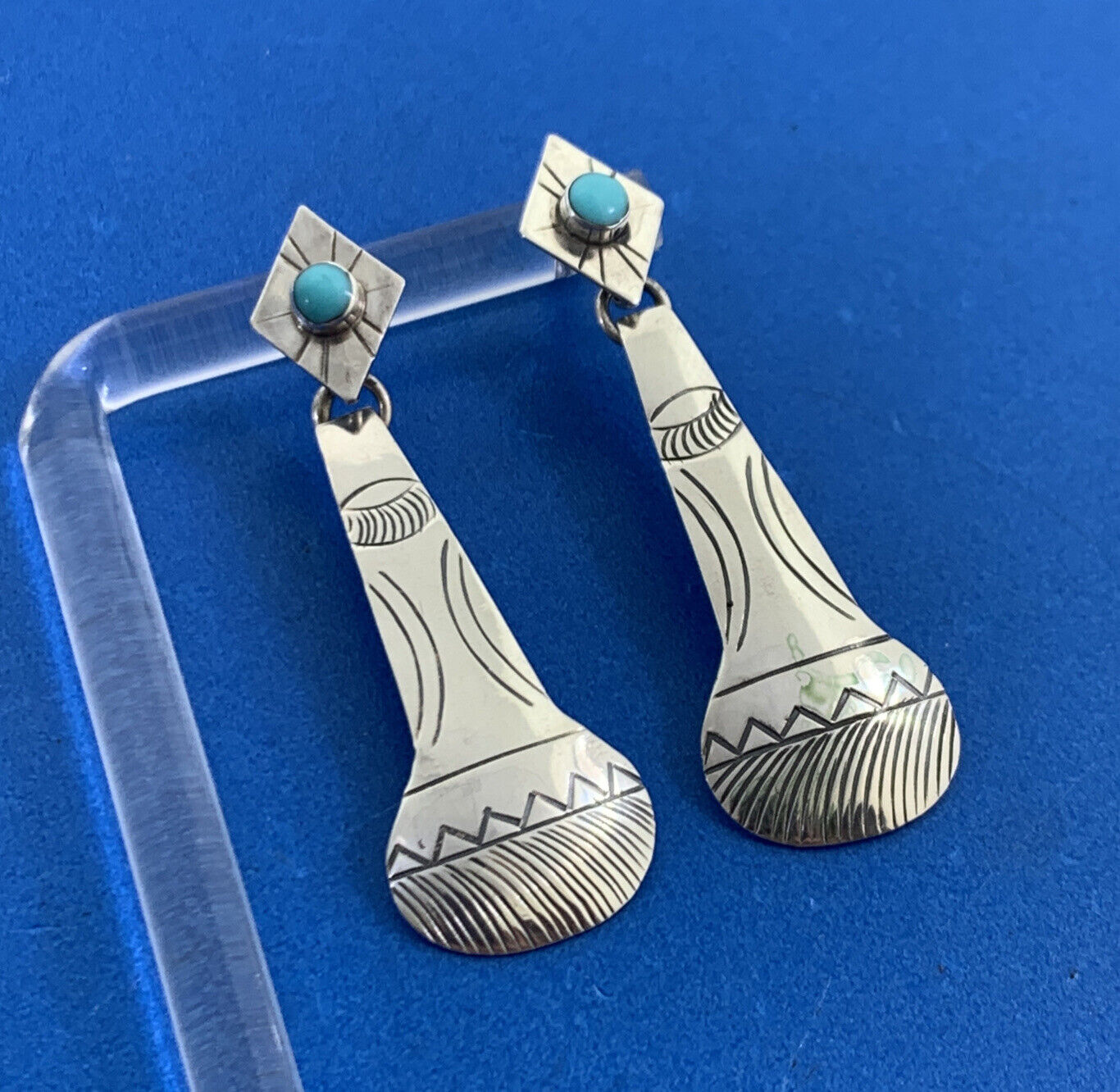 Native American 925 Sterling Silver Turquoise Artisan Concho Dangle Earrings
