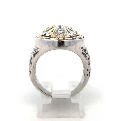 Designer 925 Sterling Silver Gold Tone Accents CZ Open Work Cross Statement Ring