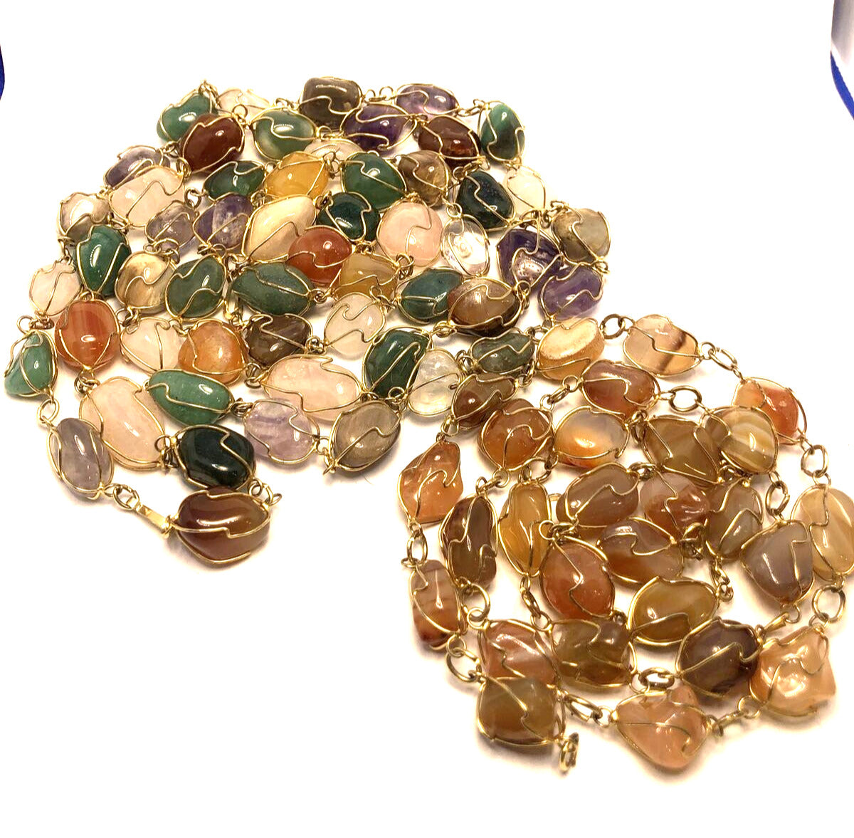 Artisan Gold Tone Wire Wrapped Semi Precious Multi Gemstone Lot Of 2 Necklaces