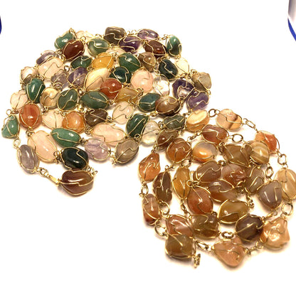 Artisan Gold Tone Wire Wrapped Semi Precious Multi Gemstone Lot Of 2 Necklaces
