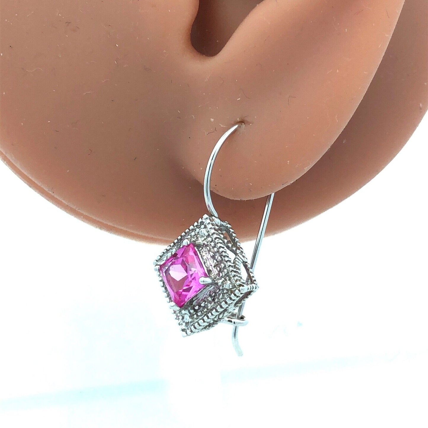 Designer 10K White Gold Princess Pink Sapphire Diamond French Hook Earrings