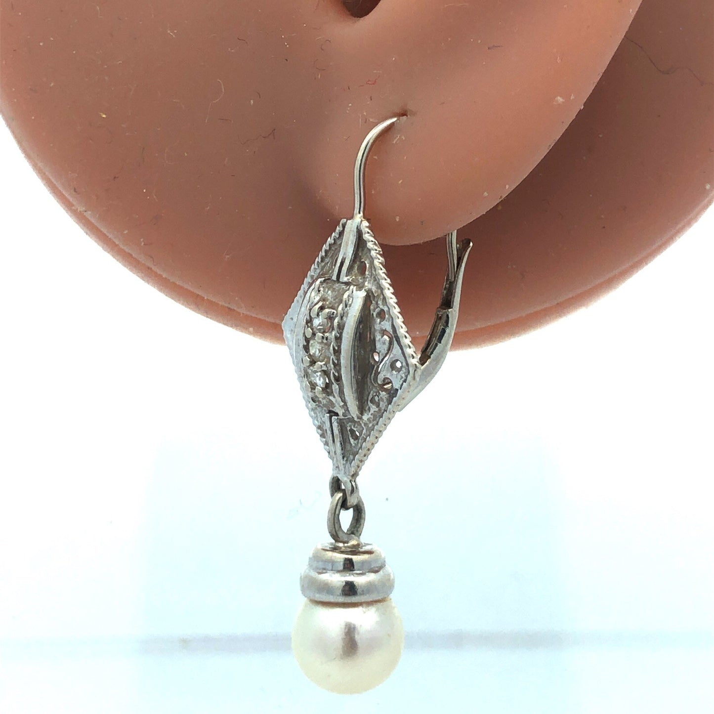 Art Deco 14K White Gold Pearl Diamond Filigree Drop Dangle French Hook Earrings