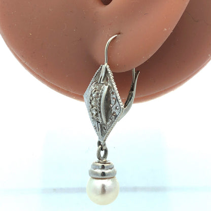 Art Deco 14K White Gold Pearl Diamond Filigree Drop Dangle French Hook Earrings
