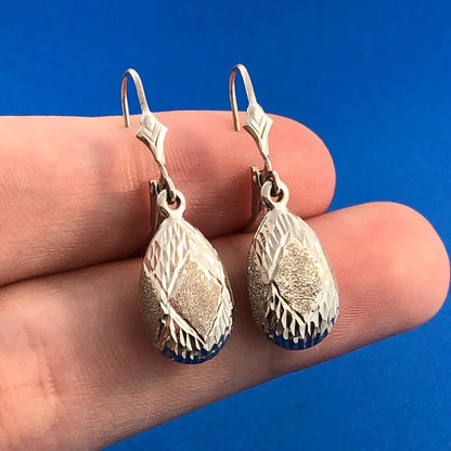 Retro SLC 14K White Gold Diamond Cut Polished Brushed Pear Drop Dangle Earrings