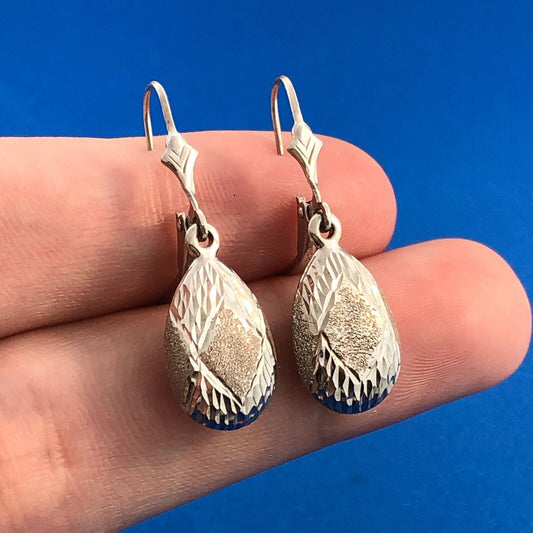 Retro SLC 14K White Gold Diamond Cut Polished Brushed Pear Drop Dangle Earrings