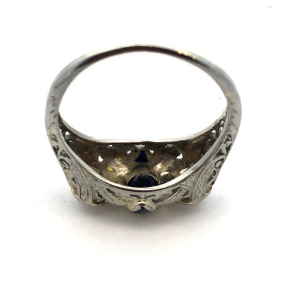 Vintage Platinum Oval Sapphire Round Diamond Trio Filigree Engagement Ring