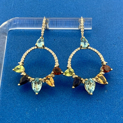 Designer 14K Yellow Gold Diamond Multi Gemstone Statement Dangle Drop Earrings
