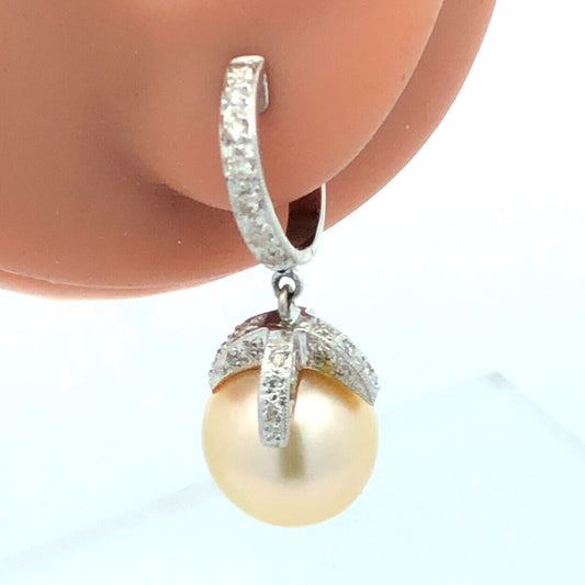 Vintage 18K White Gold Pearl Diamond Accent Dangle Drop Statement Hoop Earrings