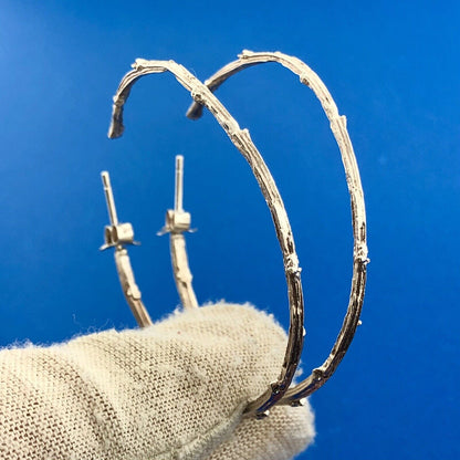Sterling Silver 925 Bamboo Twig Nodule Textured Statement Hoop Earrings