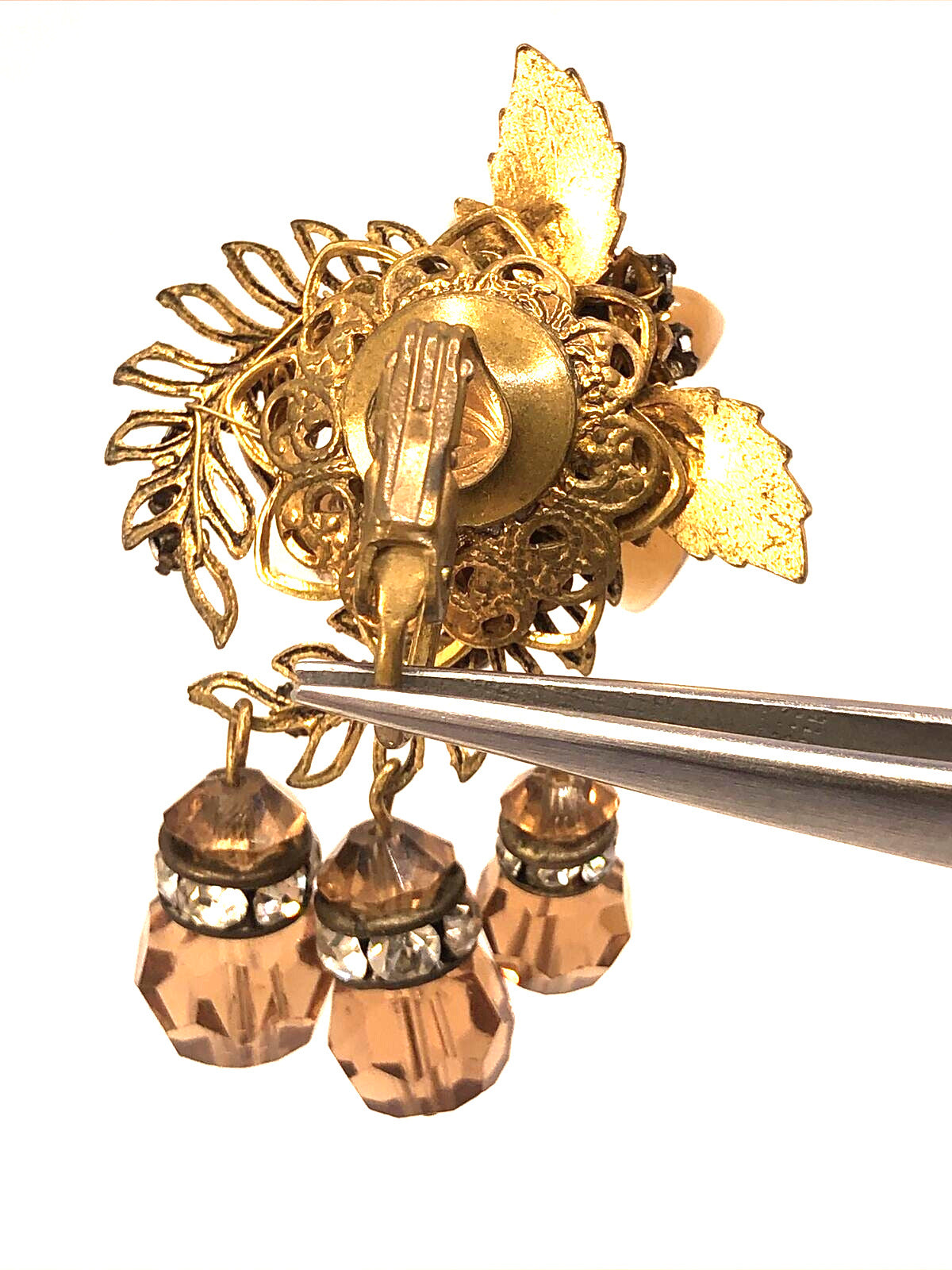 Mid Century Copper Tone Rhinestone Statement Dangle Clip On Stud Earrings