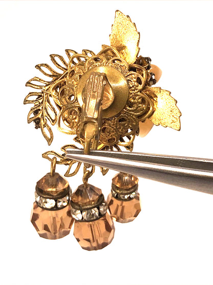 Mid Century Copper Tone Rhinestone Statement Dangle Clip On Stud Earrings
