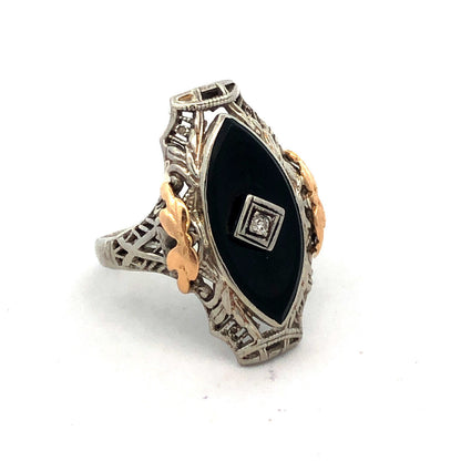 Vintage 14K White Yellow Gold Two Tone Black Onyx Diamond Art Deco Oval Ring