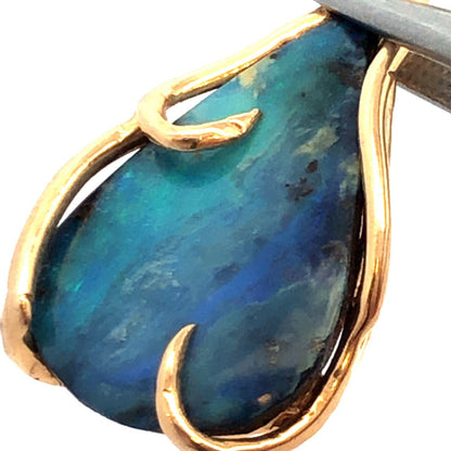 Estate 14K Yellow Gold Teardrop Blue Opal Wire Wrapped Modernist Pendant