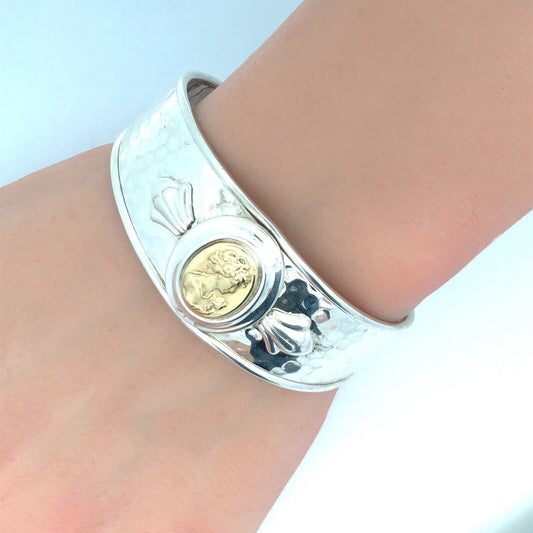 Designer Italy 925 Sterling Silver 14K Gold Cameo Hammered Open Cuff Bracelet