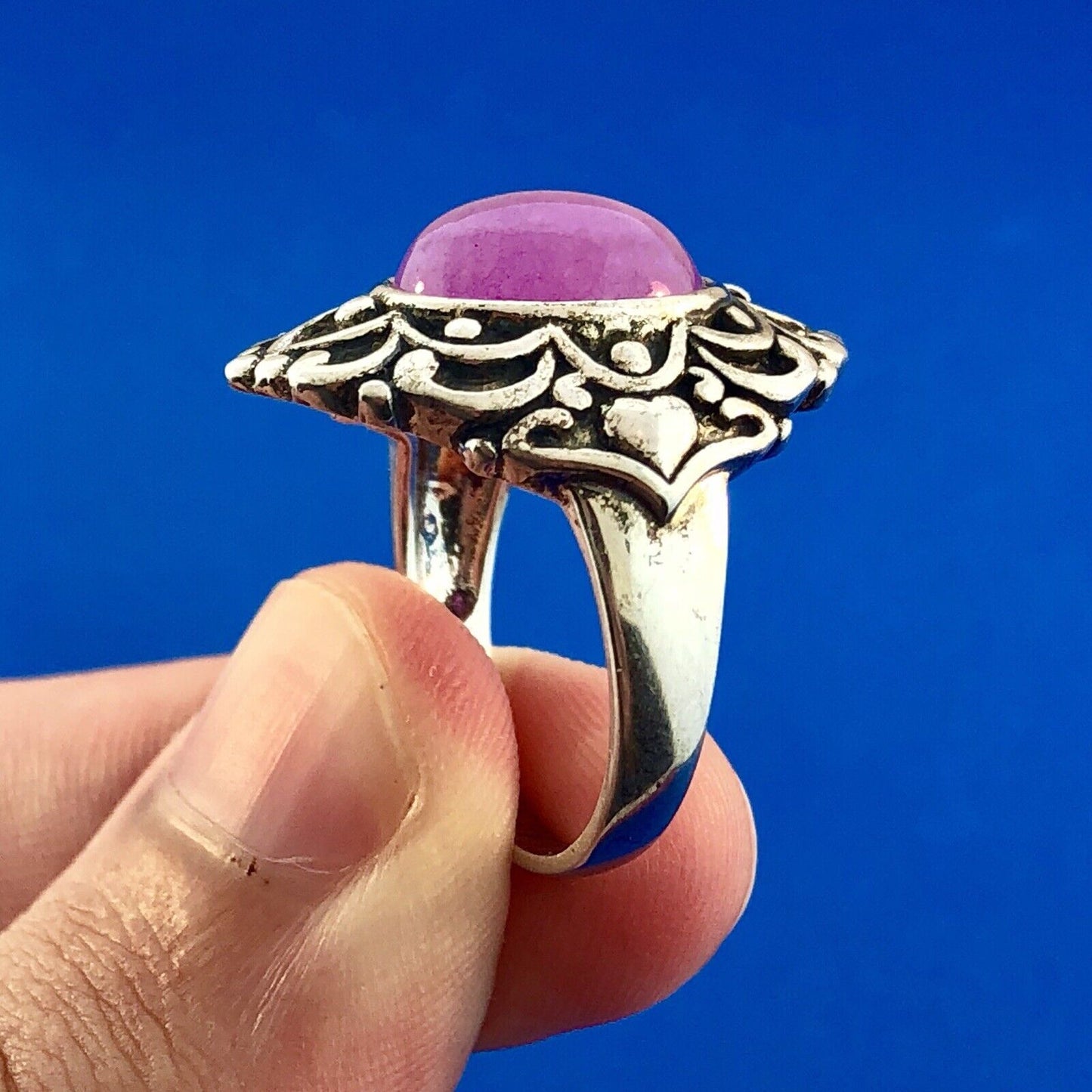 Vintage FAS Sterling Silver 925 Pink Tourmaline Cabochon Scroll Fashion Ring