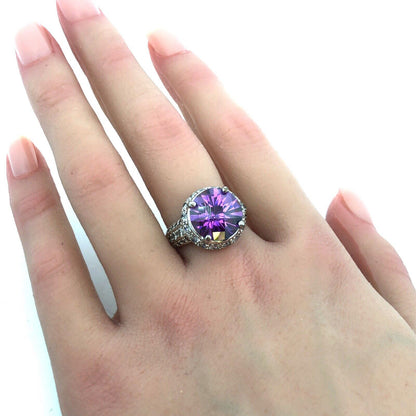 Designer 925 Sterling Silver Round Cushion Amethyst CZ Accents Cocktail Ring