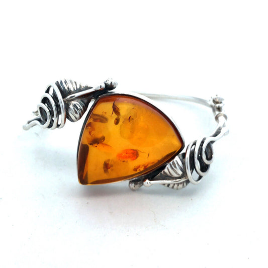 Vintage 925 Sterling Silver Trillion Amber Cabochon Hinged Vine Cuff Bracelet