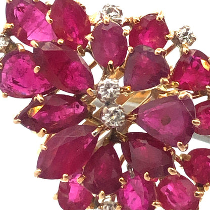 Exquisite Vintage 14K Yellow Gold Ruby Diamond Cluster Statement Cocktail Ring
