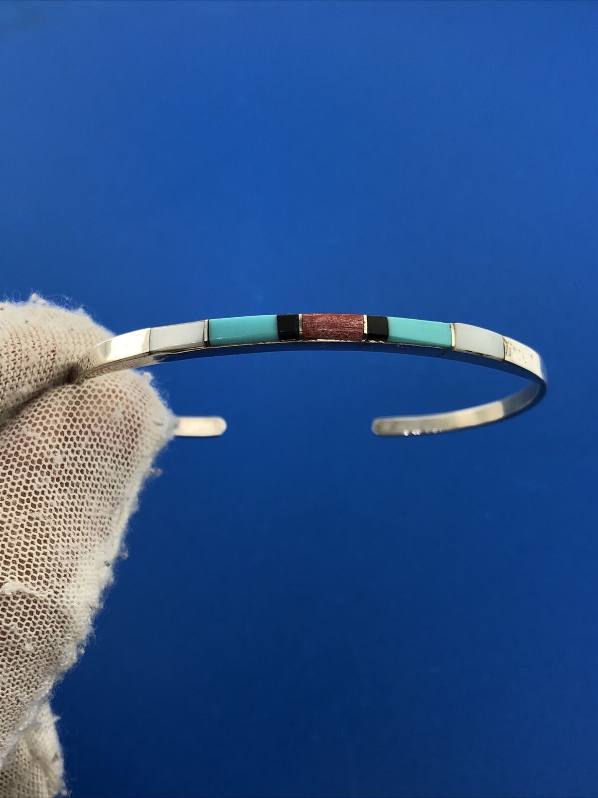 Native American PA 925 Sterling Silver Multi Gem Inlay Petite Cuff Bracelet