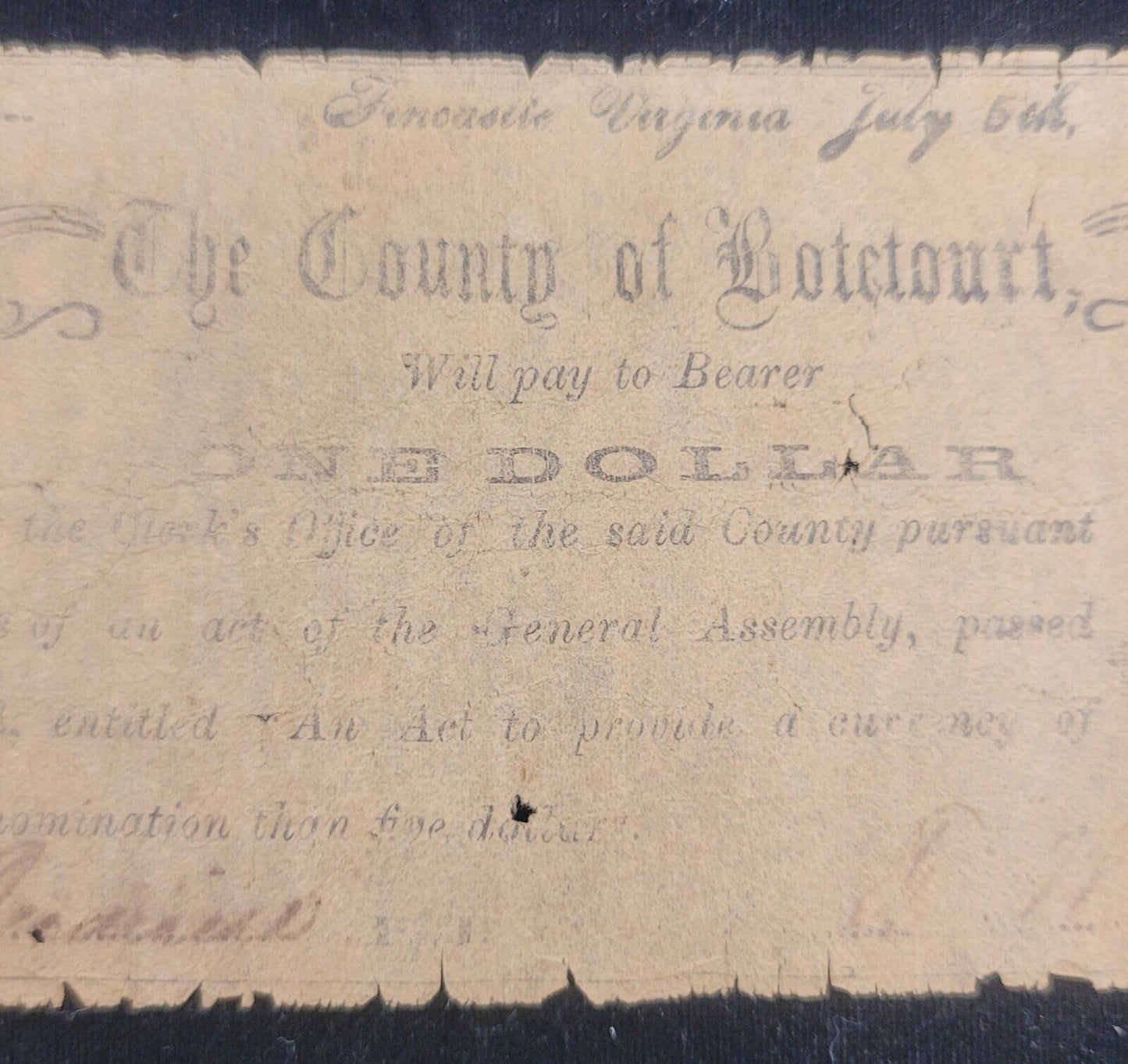 1862 $1 County of Botetourt, Fincastle, Virginia Obsolete Currency Bank Note