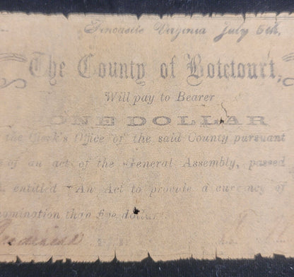 1862 $1 County of Botetourt, Fincastle, Virginia Obsolete Currency Bank Note