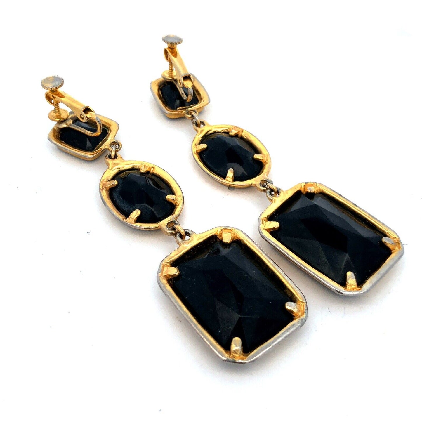 Vintage Runway Gold Tone Black Faceted Glass Statement Dangle Clip Earrings