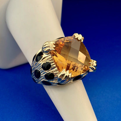 Retro Citra Trading CIT 14K Yellow Gold Citrine Black Enamel Statement Ring