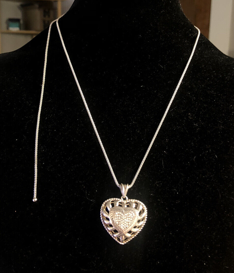 Designer Italy 925 Sterling Silver Pave Diamond Heart Adjustable Lariat Necklace