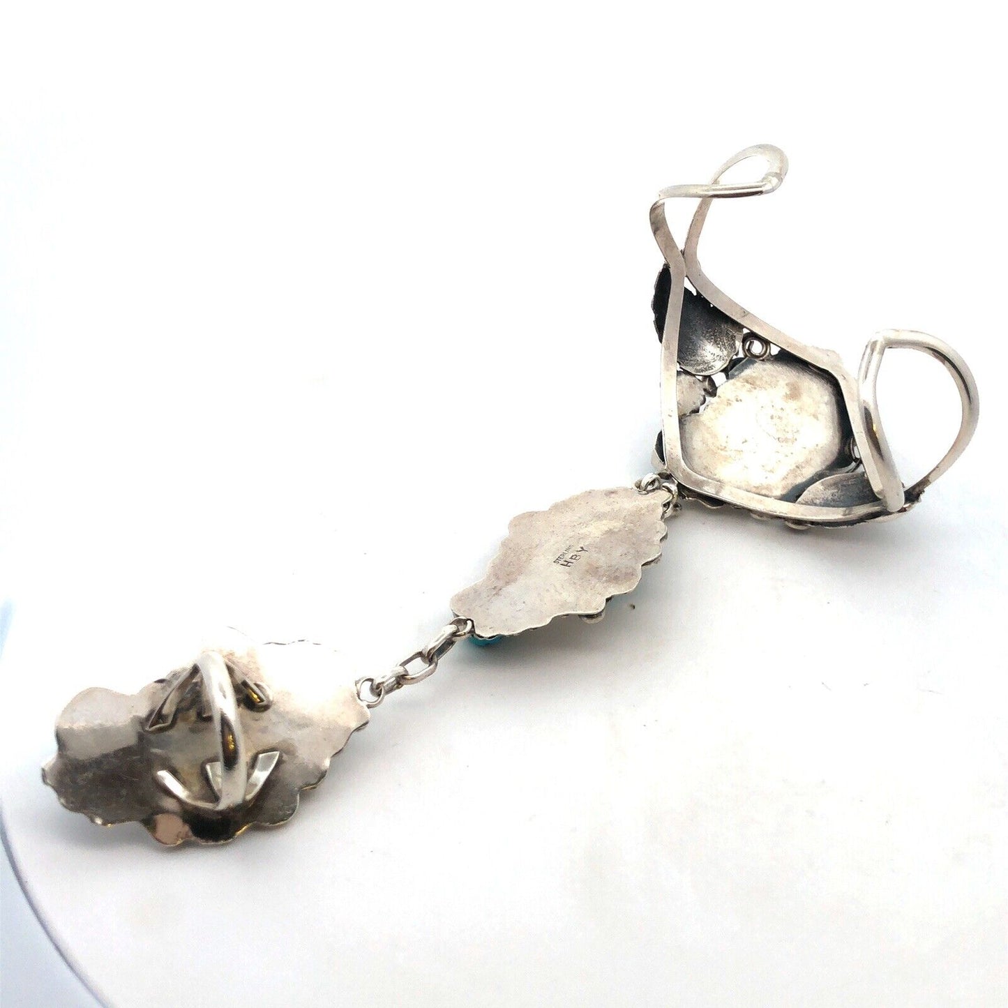 Harry B Yazzie Navajo Sterling Silver Turquoise Squash Blossom Slave Bracelet