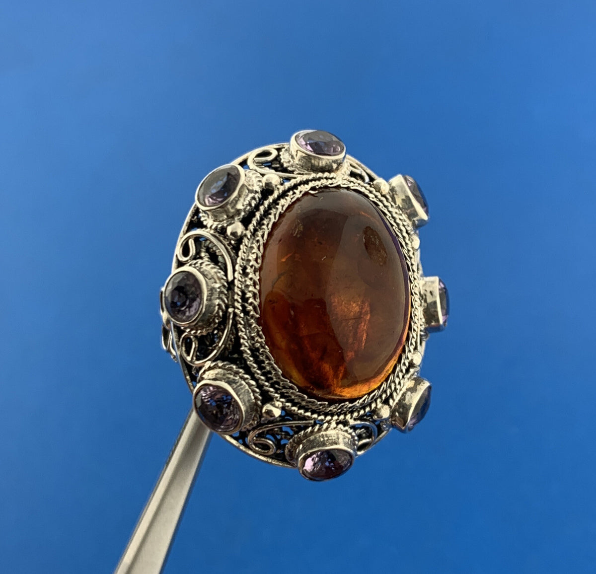 Designer 925 Sterling Silver Amber Cabochon Amethyst Accented Statement Ring