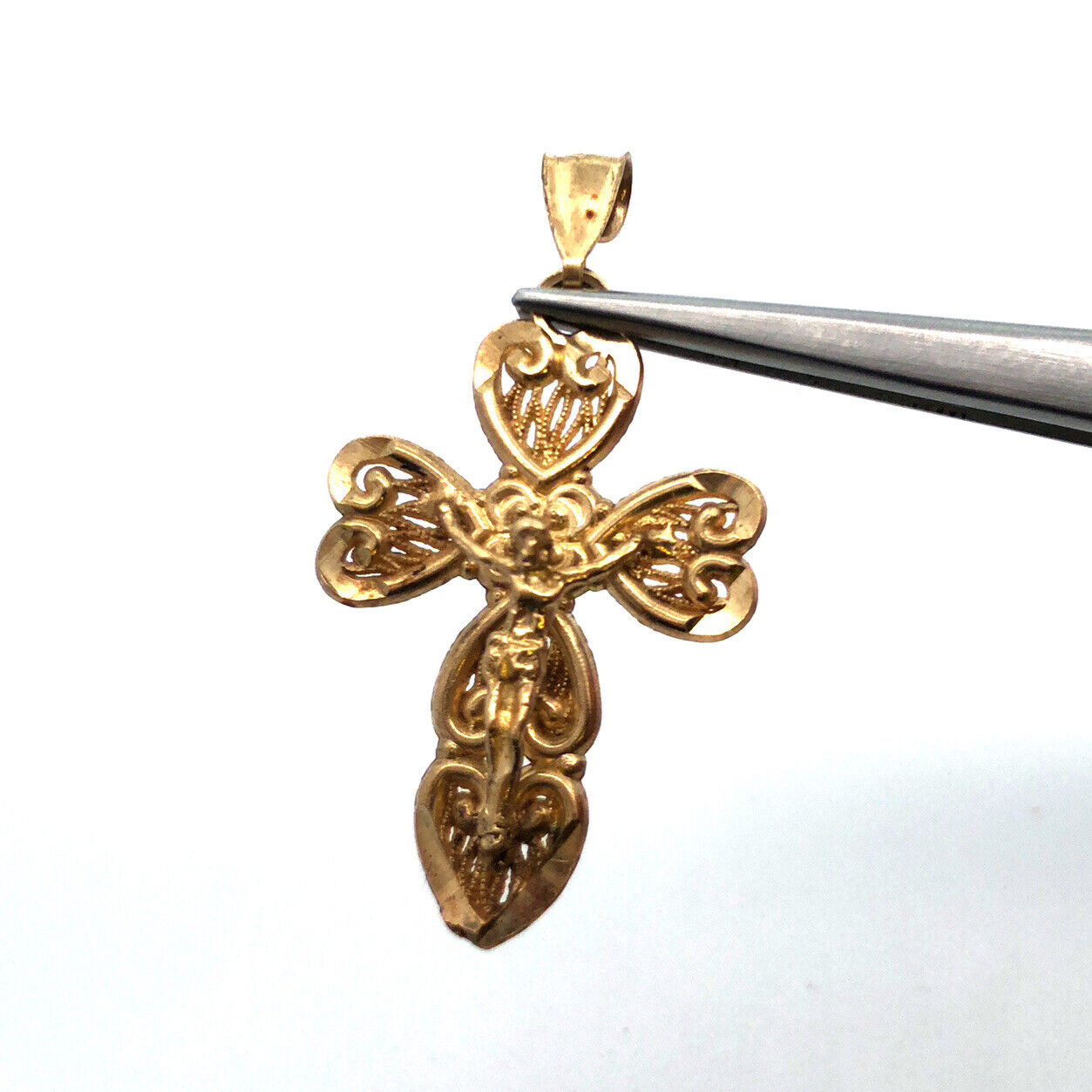 10K Yellow Gold Filigree Cross Crucifix Catholic Gift Religious Pendant