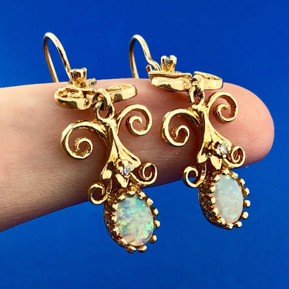 Art Deco Art Nouveau 14K Yellow Gold Opal Diamond Scroll Drop Dangle Earrings