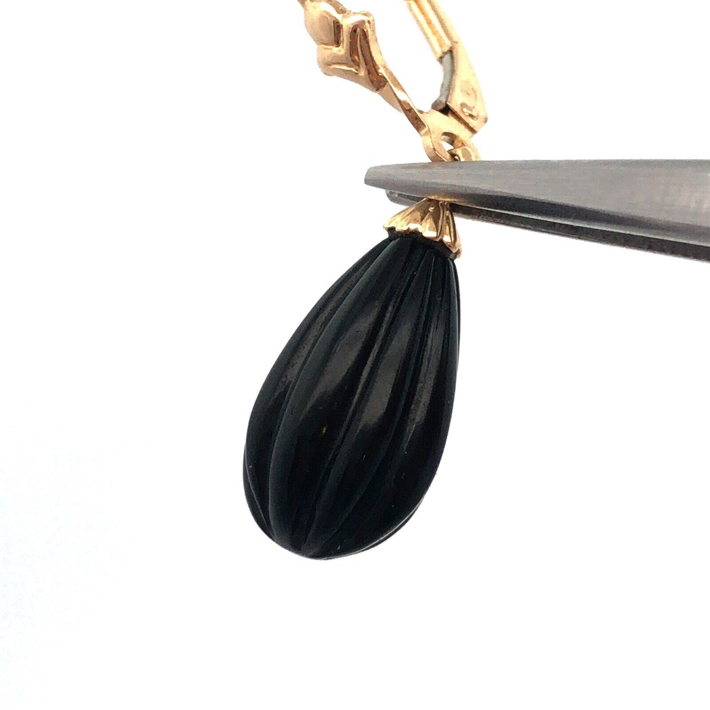 Designer 14K Yellow Gold Ribbed Onyx Pear Drop Dangle Leverback Earrings