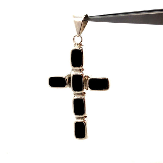 Vintage 925 Sterling Silver Rectangle Black Onyx Bezel Cross Pendant