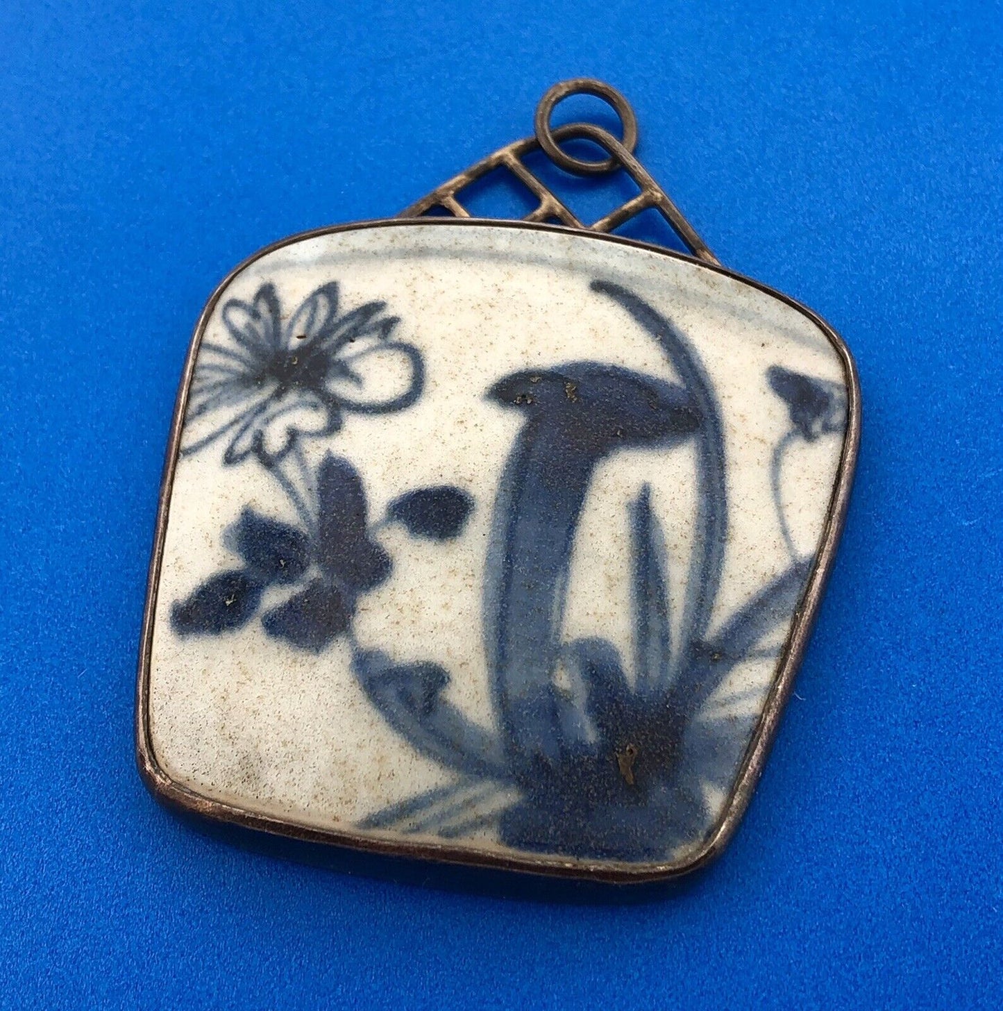 Vintage Artisan Signed 925 Sterling Silver Blue White Pottery Statement Pendant