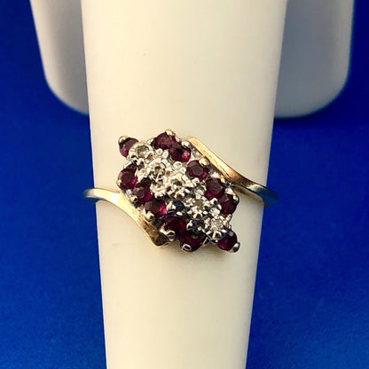 Vintage 10K Yellow Gold Ruby Diamond Cluster Bypass Cocktail July Occasion Ring