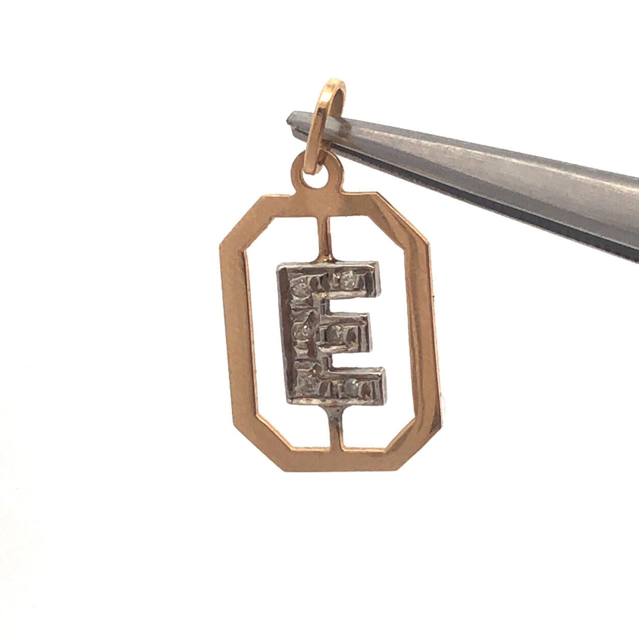 Estate 14K Yellow White Gold Round Diamond Letter Initial E Monogram Pendant