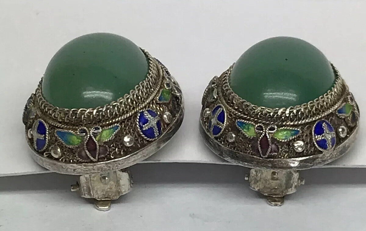 Vintage Artisan Sterling Silver Jade Cloisonne Filigree Statement Clip Earrings