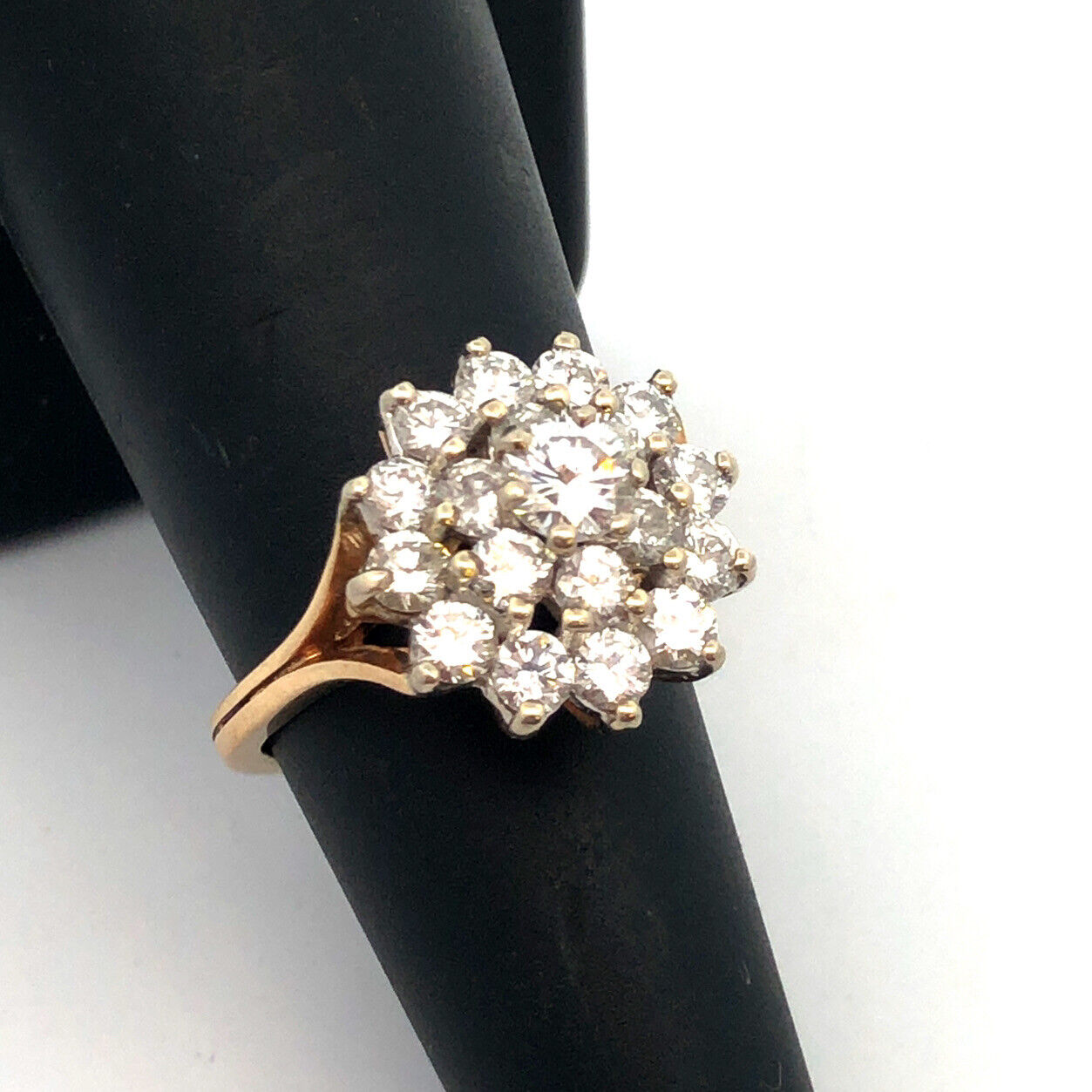 Designer 14K Yellow Gold Round Diamond Cluster Cocktail Statement Ring